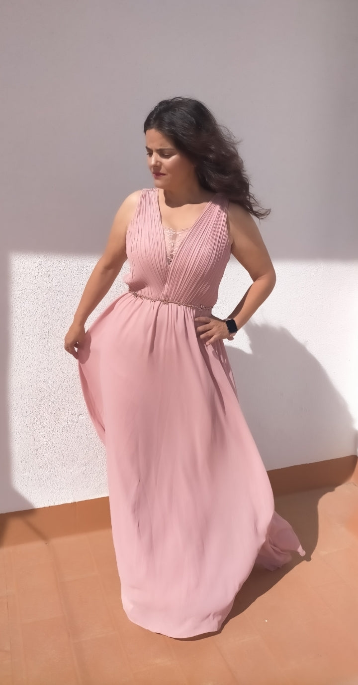 vestido largo gasa perla